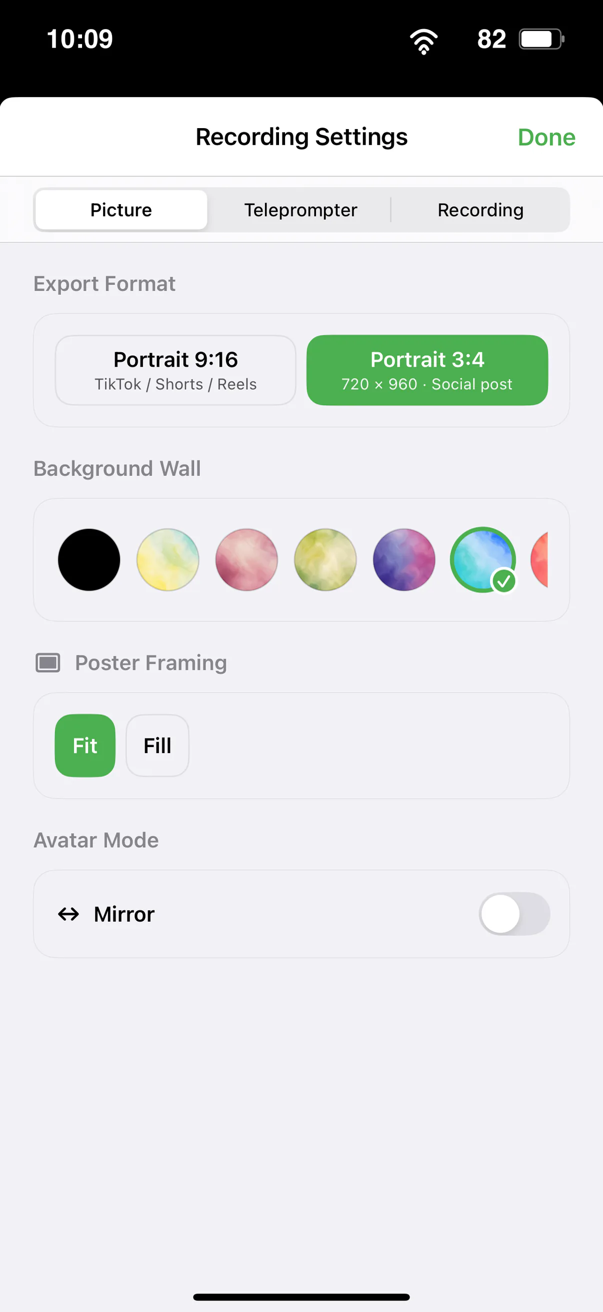 Recording settings with export format, background, poster framing, and mirror