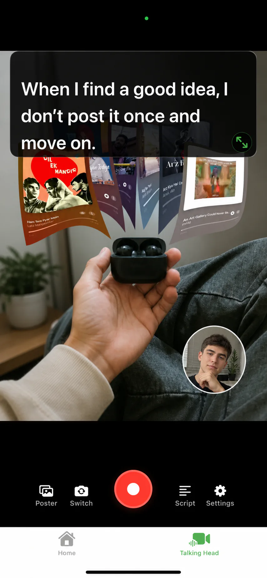 Content-first talking-head mode with the speaker in a small window