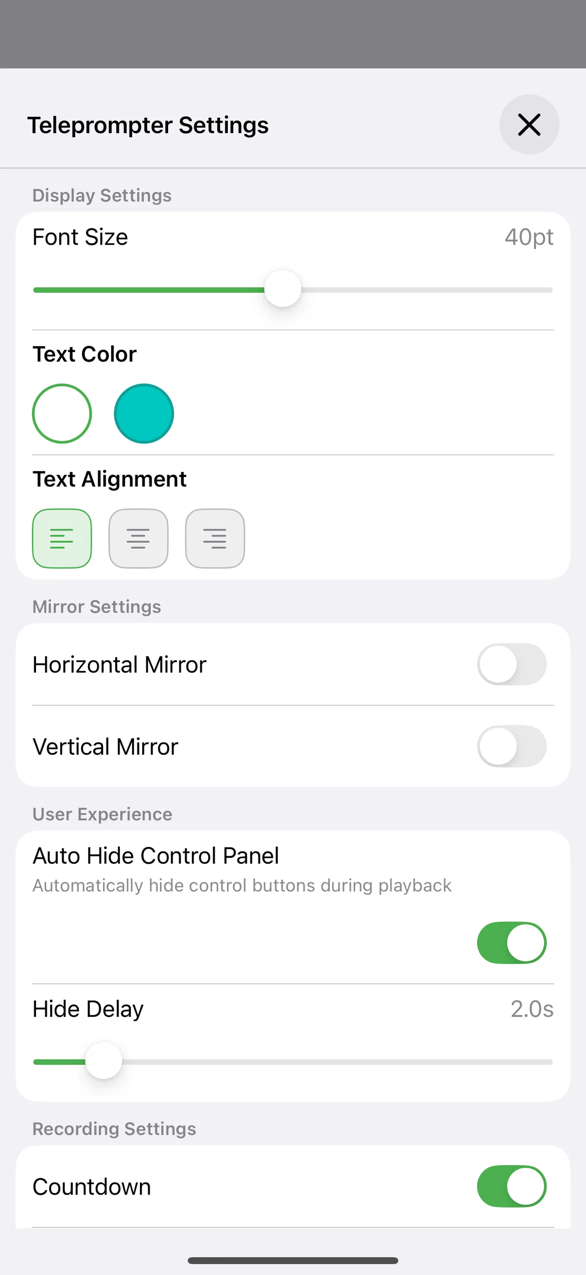 Teleprompter Settings with the Horizontal Mirror and Vertical Mirror toggles