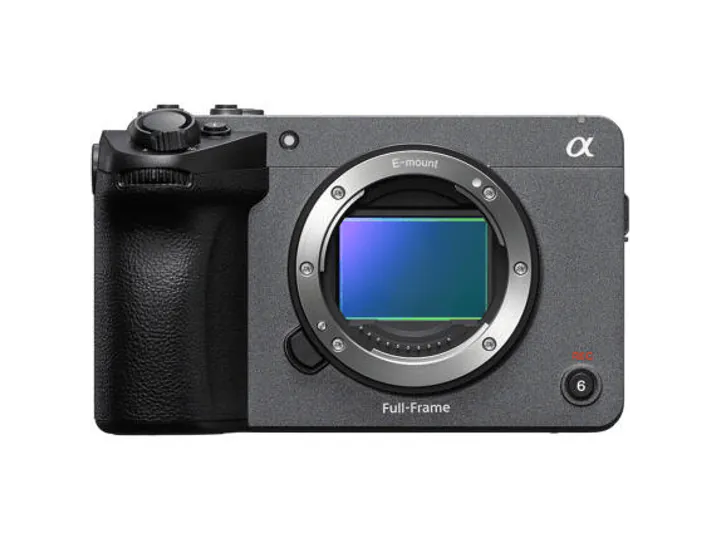 Front view of a Sony full-frame camera body shown at a slight tilt