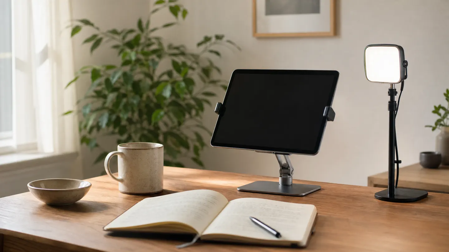 An iPad on a desk stand beside a small key light, a notebook, and a mug in a bright room