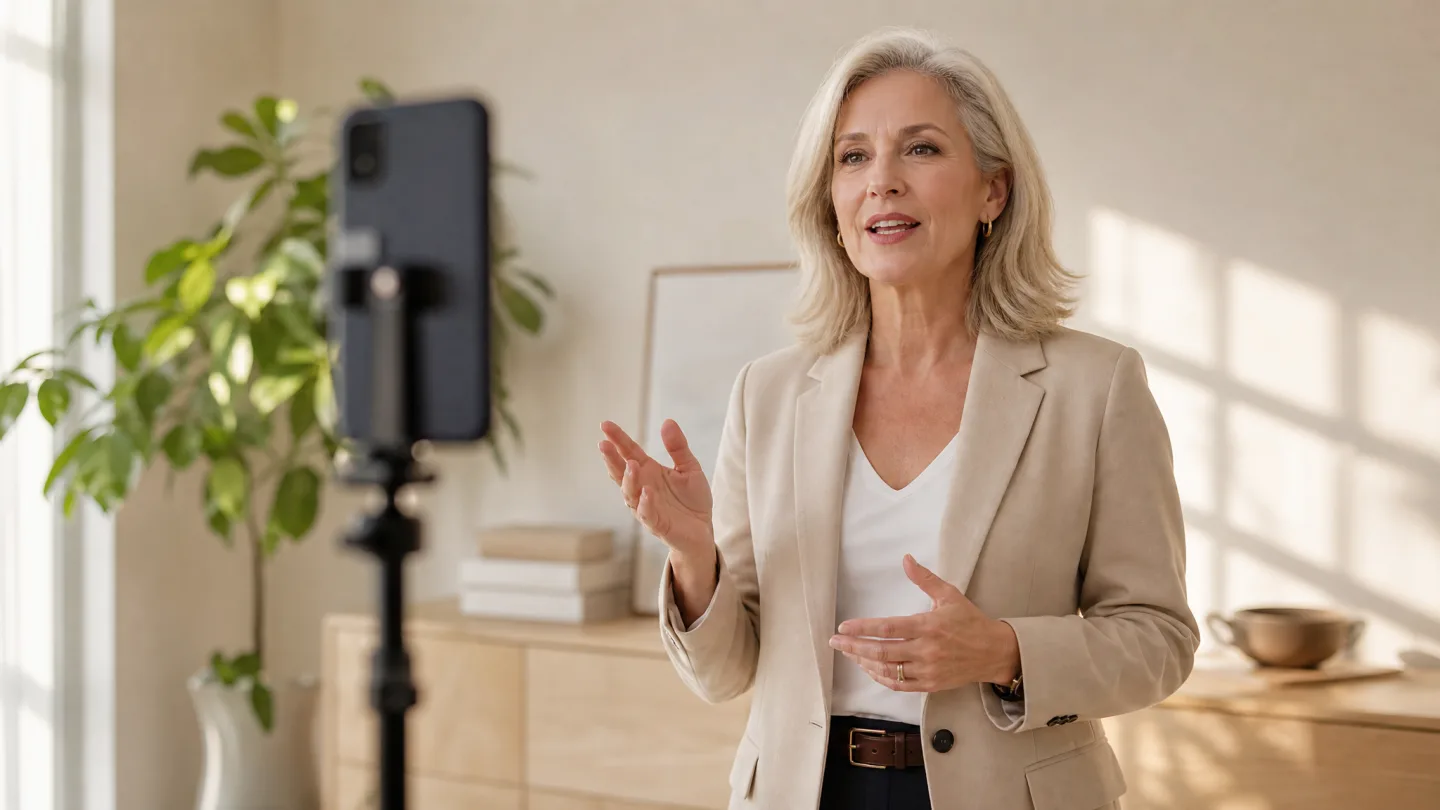 A speaker rehearsing a presentation toward a phone on a tripod in a bright home office