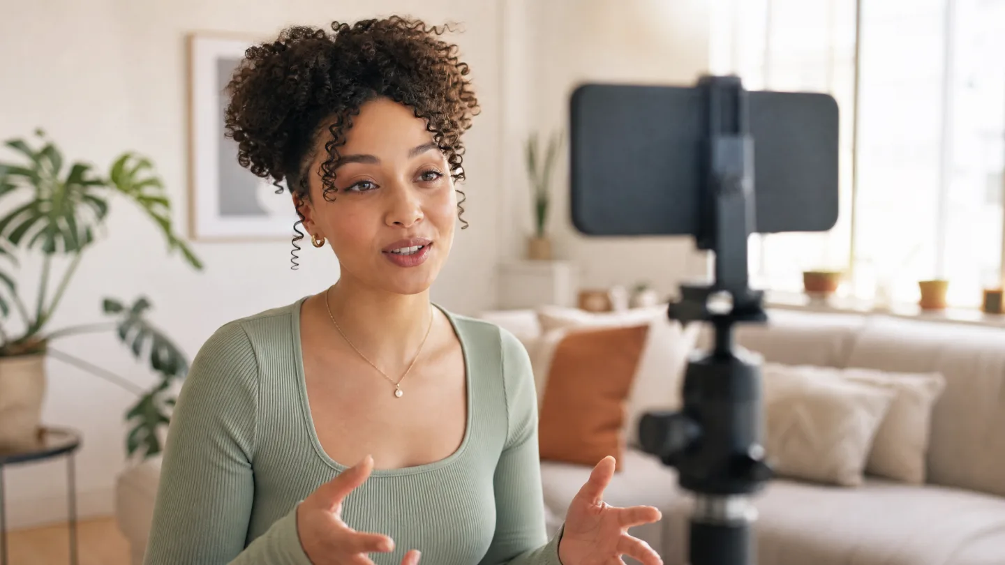 Over-the-shoulder view of a speaker reading from a phone on a tripod with her eyes near the lens