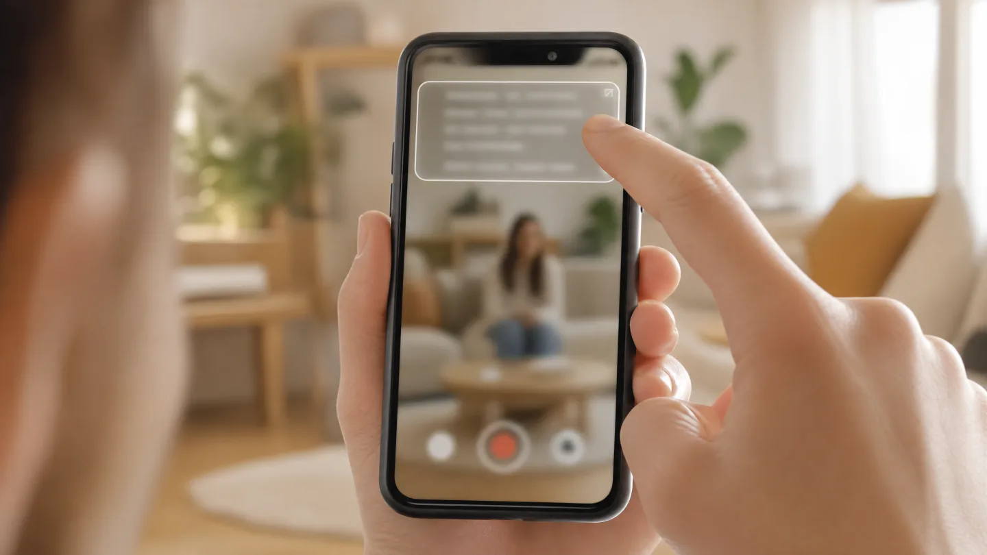 A hand filming with a phone while a small floating prompt window hovers over the camera view