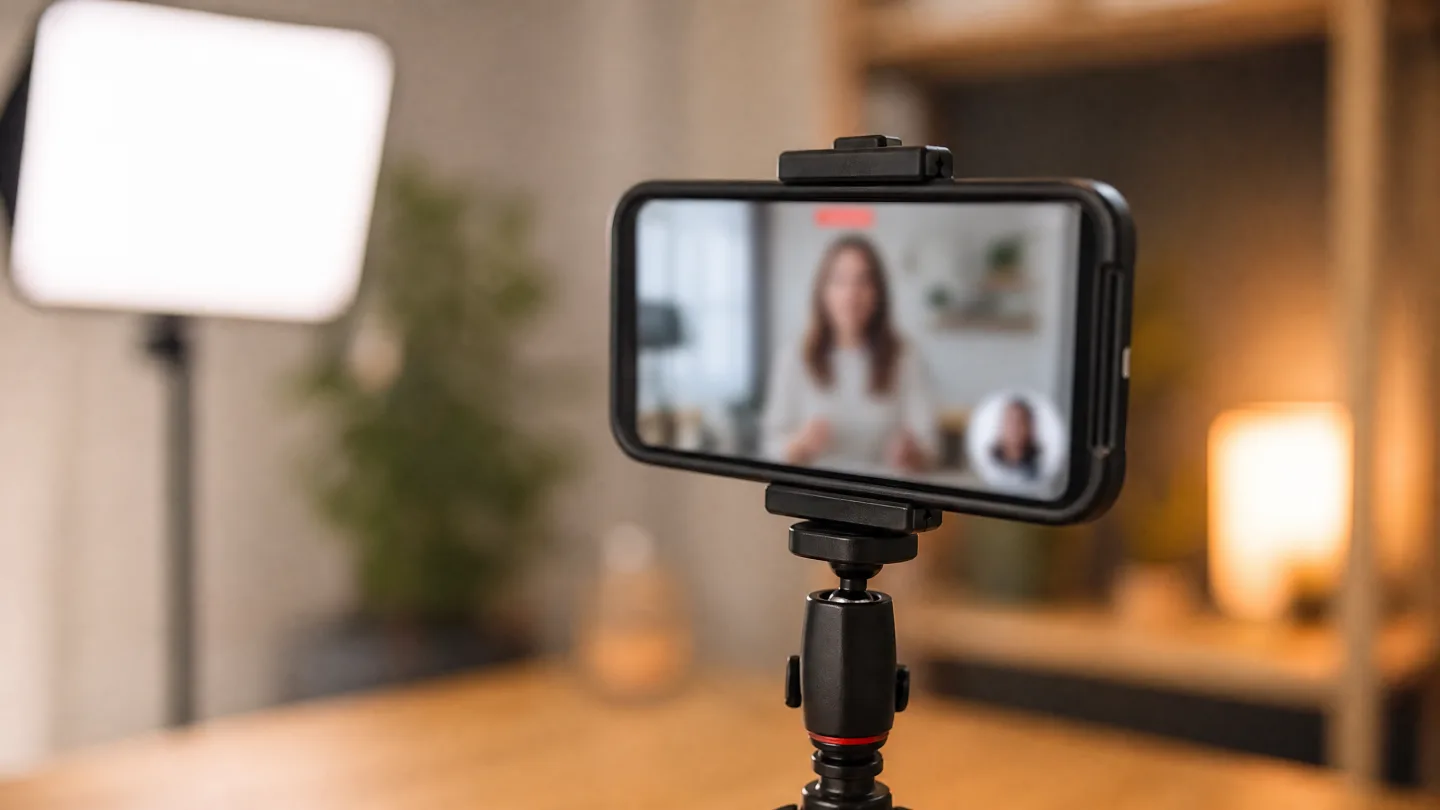 A phone on a tripod mid-recording, its screen glowing with a poster layout and a camera bubble