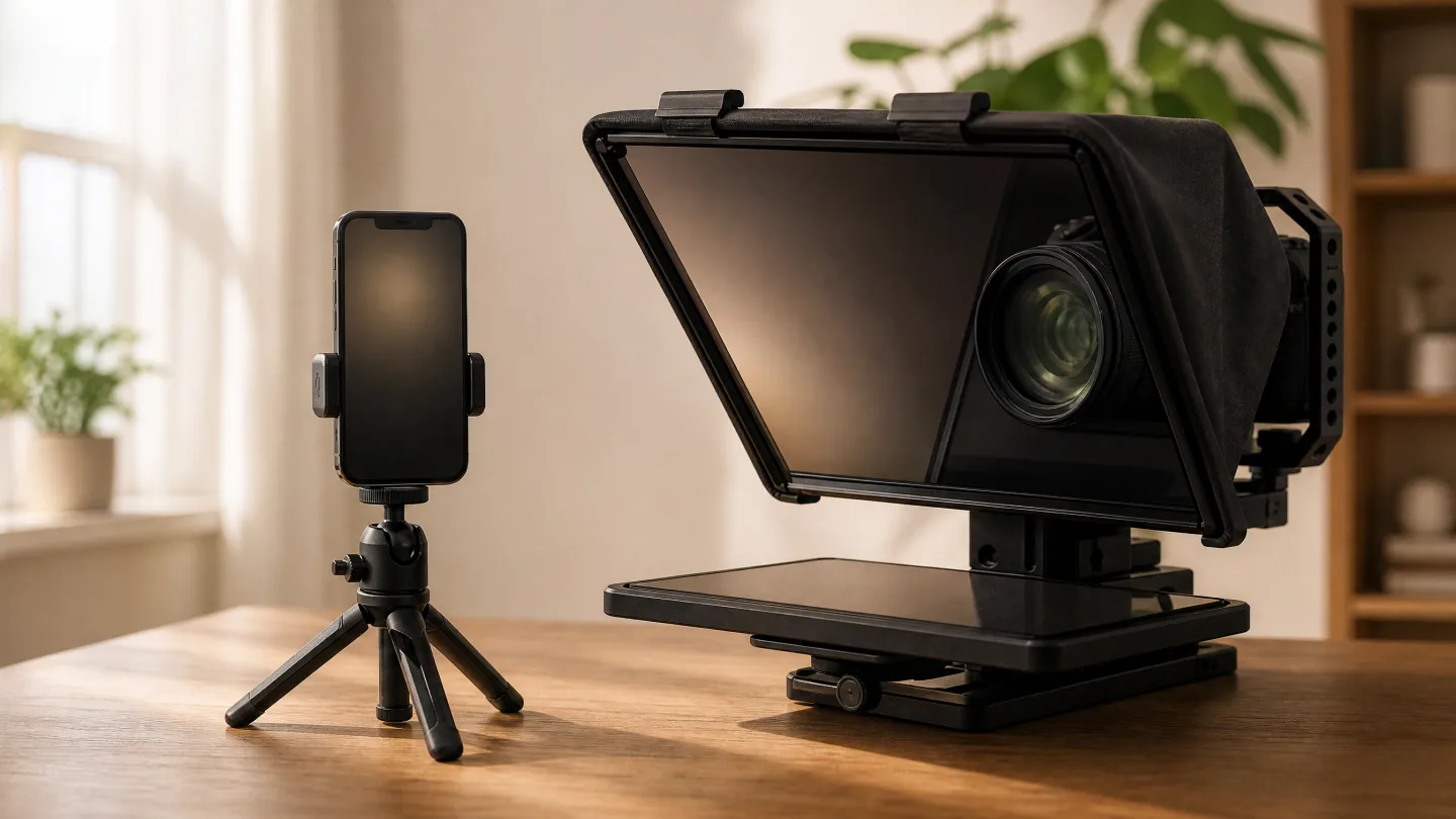 A phone on a compact tripod beside a beam-splitter teleprompter rig on one table