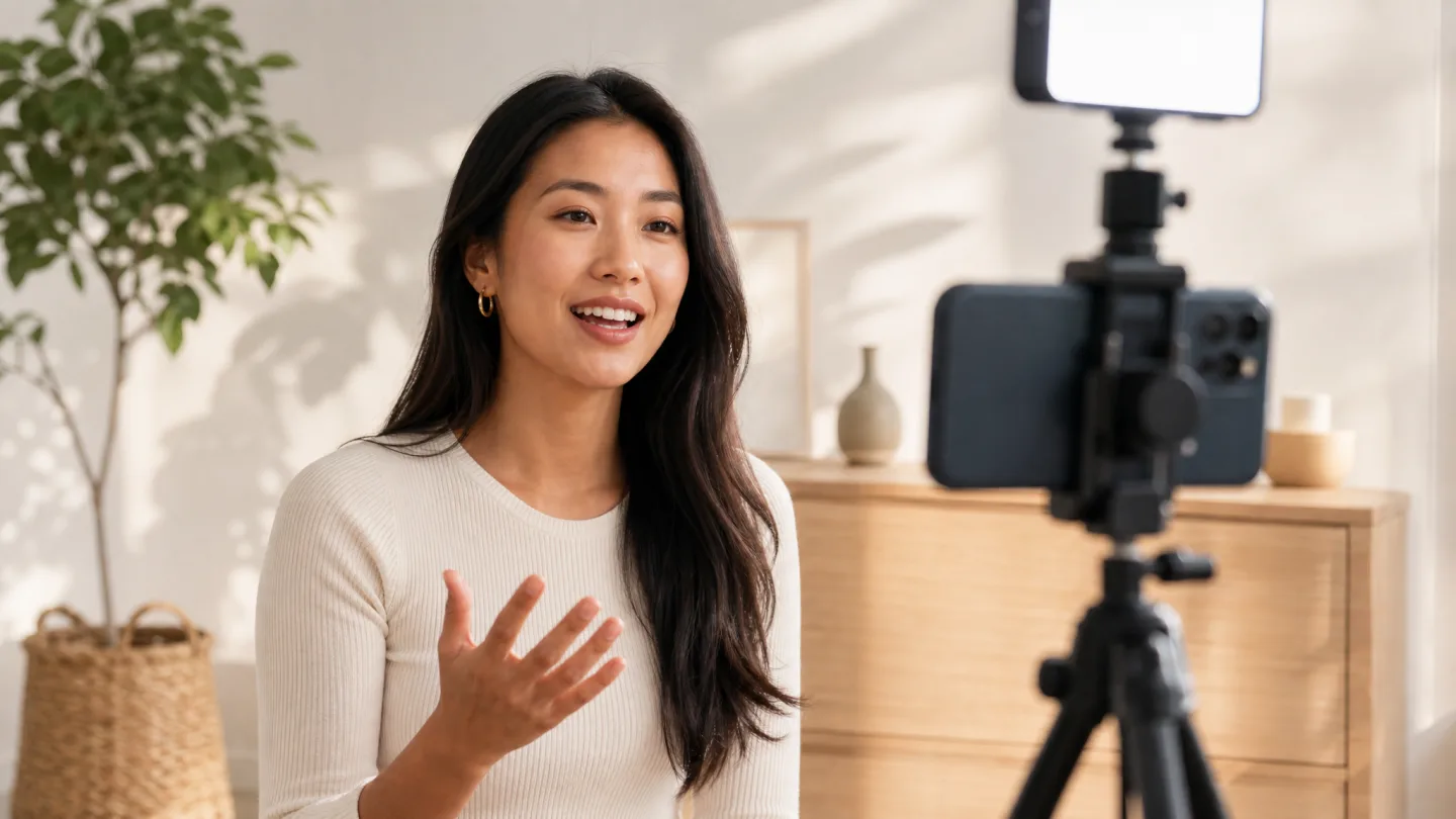 A creator recording a talking-head video toward a phone on a tripod with a small key light